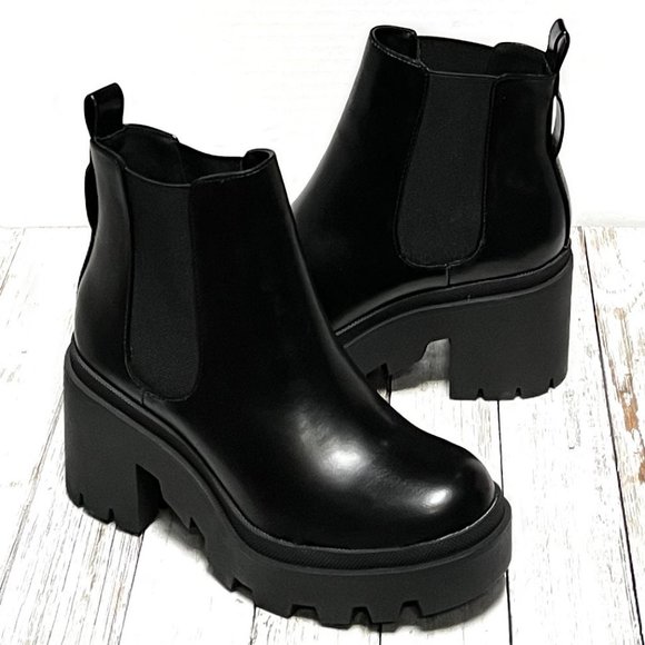 New Women Black Chelsea Platform Chunky Ankle Boots Booties - Picture 2 of 6